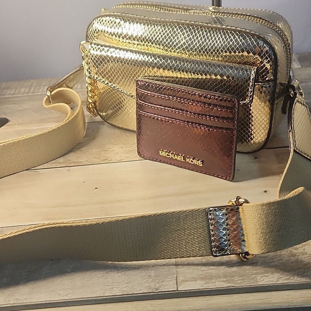Michael Kors Metallic Gold Crossbody Bag With Free Cardholder